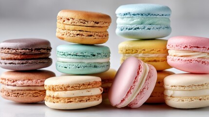 a colorful assortment of macarons in various pastel shades on a white isolated background, sweet and delicate design