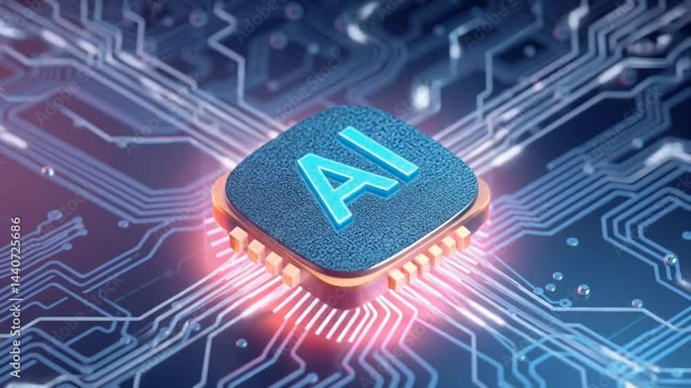 Poster ai chip: a futuristic representation of artificial intelligence, with a glowing ai chip at the core 