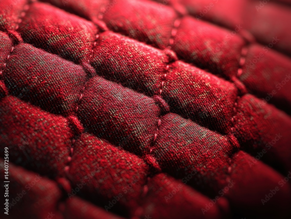 Poster crimson quilted fabric texture close up capturing intricate stitching and soft padding in a warm and