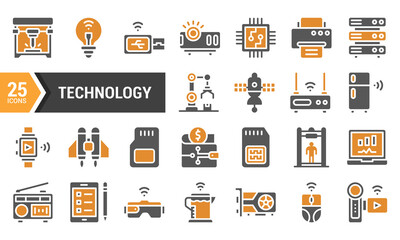 A set of 25 two-color technology glyph icons.