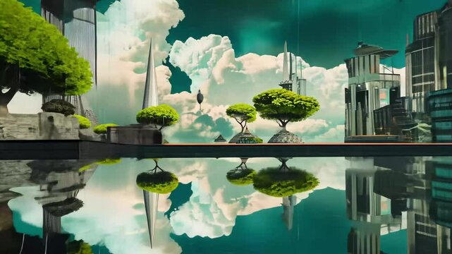 An inverted reality of a pixelated dreamscape featuring floating architectural structures, lush trees, and reflections on tranquil waters during a mysterious twilight hour