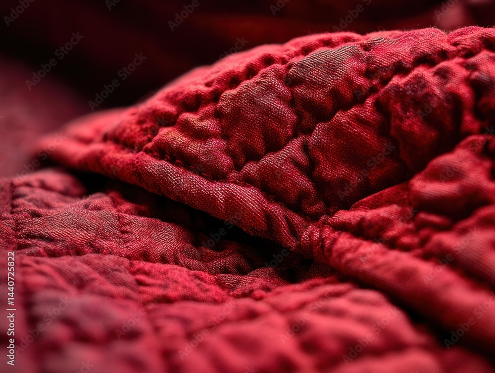 Poster deep red quilted fabric texture close up capturing softness and warmth in a macro shot with elegant 