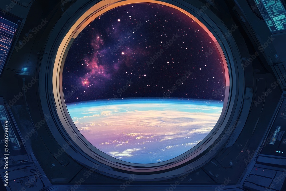 Poster vivid space view from a spaceship window showcasing distant galaxies and the earths atmosphere, anim
