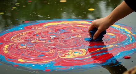 Hand Creating Swirling Paint Pattern on Water Surface