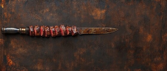 Sliced Grilled Beef Tenderloin Steak on a Rustic Knife Displayed on a Dark Textured Background, Culinary Art, Gourmet Food, High Angle View, Studio Shot