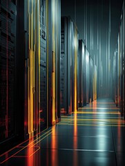 Obraz premium Dark Abstract Server Room Illuminated With LED Stripes and Data Lines Creating a Futuristic Atmosphere in a Tech Environment