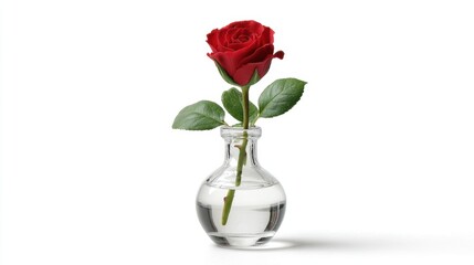 Fototapeta premium a beautiful glass vase with a single red rose on a white isolated background, elegant and romantic design