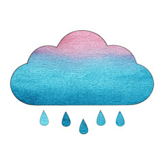 Watercolor illustration of cloud with raindrops, featuring gradient of pink and blue hues, evokes calm and serene atmosphere