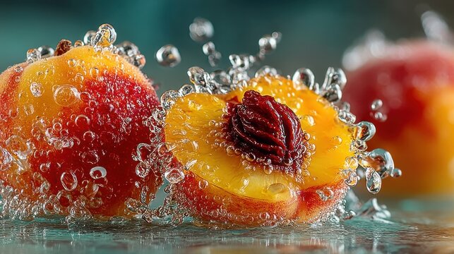 Fresh peaches in water splash creating a refreshing summer vibe