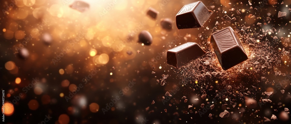 Poster decadent dark chocolate squares suspended in midair amidst a cascade of cocoa nibs and golden bokeh 
