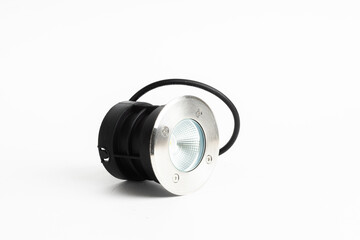 Compact Round LED Spotlight with Exposed Wires Isolated on White Background

