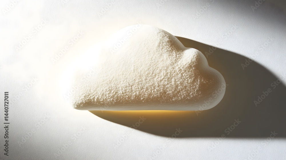 Poster a cloud-shaped object, textured and subtly luminous, casts a shadow on a light gray background. the 