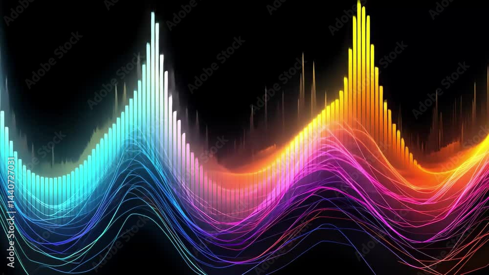 Poster vibrant abstract representation of sound waves in bright colors showcasing dynamic movement and rhyt