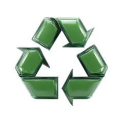 Glossy green recycling symbol with three arrows forming triangle represents sustainability and environmental conservation. shiny design emphasizes eco friendly practices