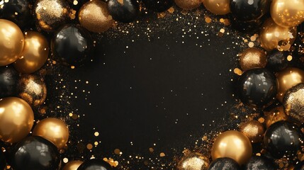 Gold and black balloons frame with glitter on black background.