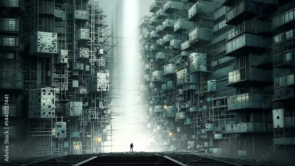 Poster a figure stands amidst a futuristic cybernetic landscape filled with intersecting structures, illumi