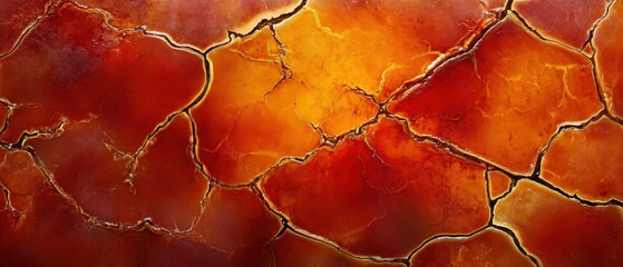 Abstract aerial view of cracked earth in vibrant orange and red hues creating a textured landscape with a warm and fiery aesthetic evoking a sense of geological formation
