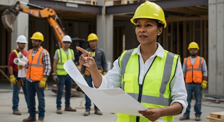 A female construction leader reviews blueprints with her crew on a construction site.