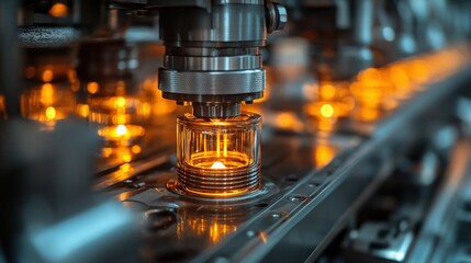 Industrial machinery operating in a factory, processing glass containers with glowing amber light