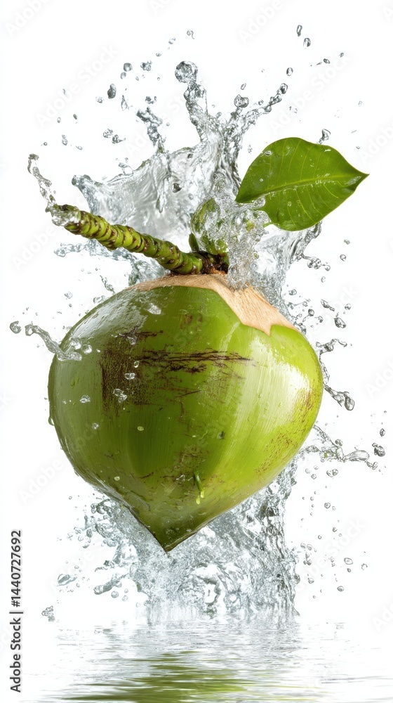 Poster fresh green coconut with stem and leaf amidst a splash of water creating a refreshing tropical scene