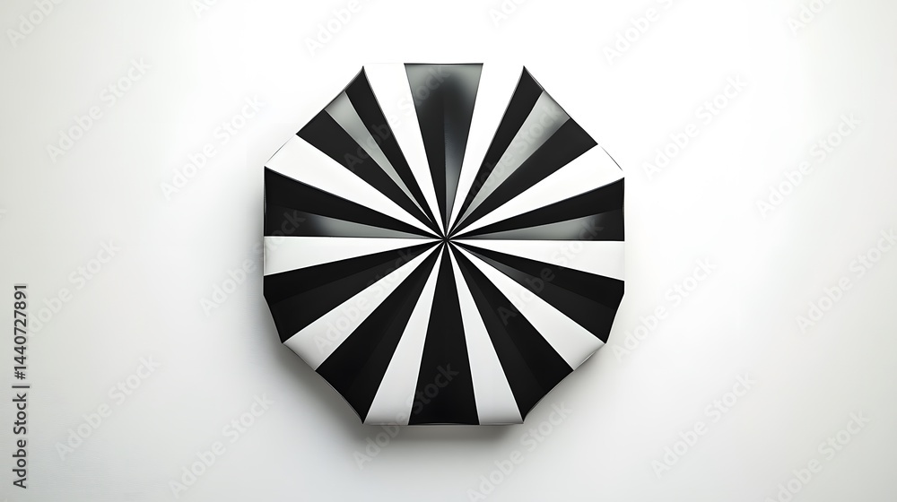 Poster overhead shot of a black and white octagonal object with radiating stripes. the design is minimalist