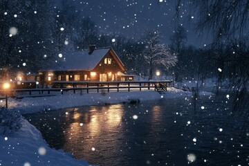 Fototapeta premium Cozy wooden house illuminated by warm lights during snowfall beside a tranquil river at night, House on winter snowfall Photo background, river, covered snow on house