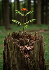 Rowan Tree Growing on Decaying Tree Stump in Forest
