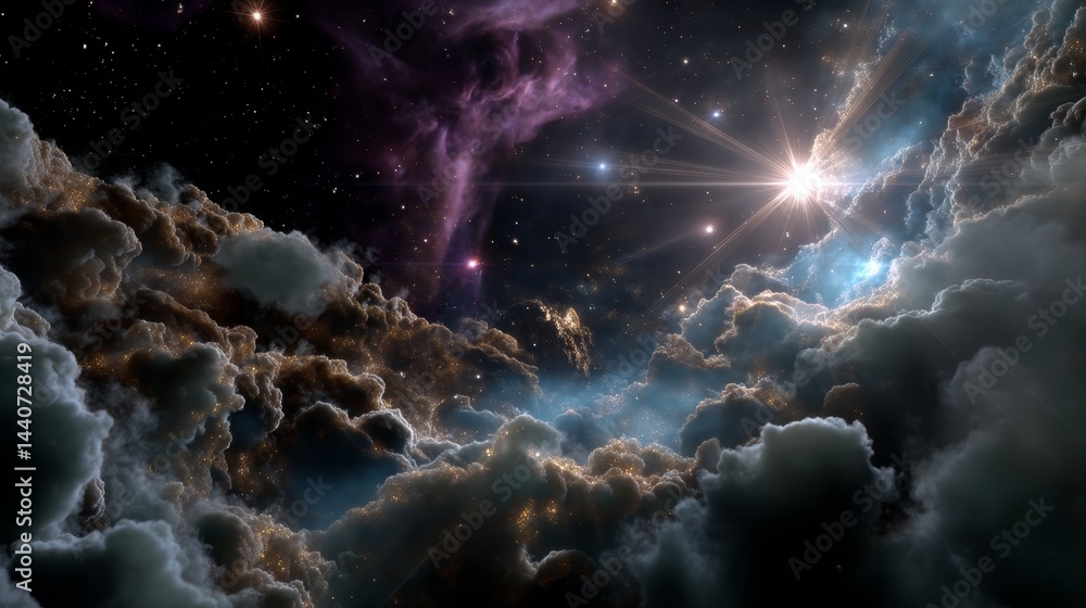 Poster cosmic phenomenon: starburst in interstellar cloudscape with nebula and stars