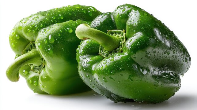 a close-up of a fresh green bell pepper on a white isolated background, vibrant and healthy design