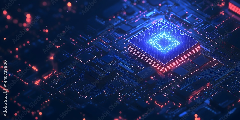 Poster tech circuit: a close-up shot of a futuristic computer circuit board glows with neon light, showcasi