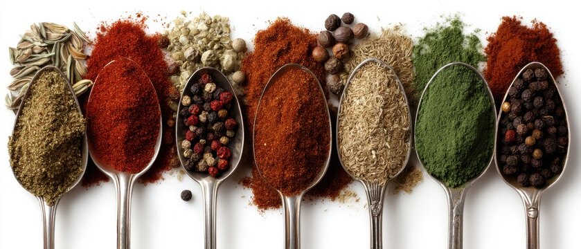 Captivating assortment of vibrant spices displayed in antique silver spoons against a pristine white backdrop showcasing culinary diversity and aromatic richness