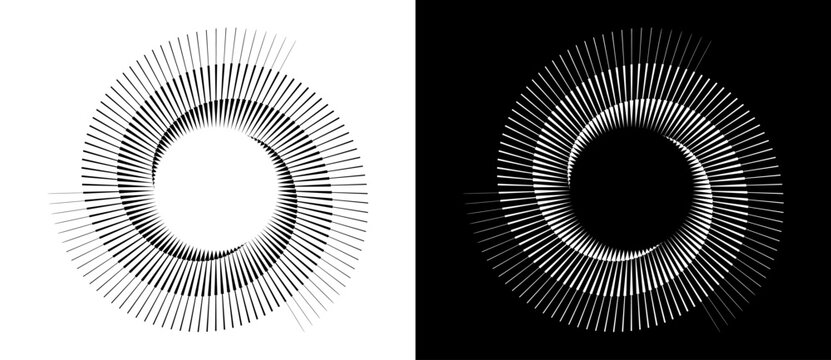 Spiral with lines in circle. 3 segments. Abstract geometric art line background, logo, icon, design element. A black figure on a white background and an equally white figure on the black side.