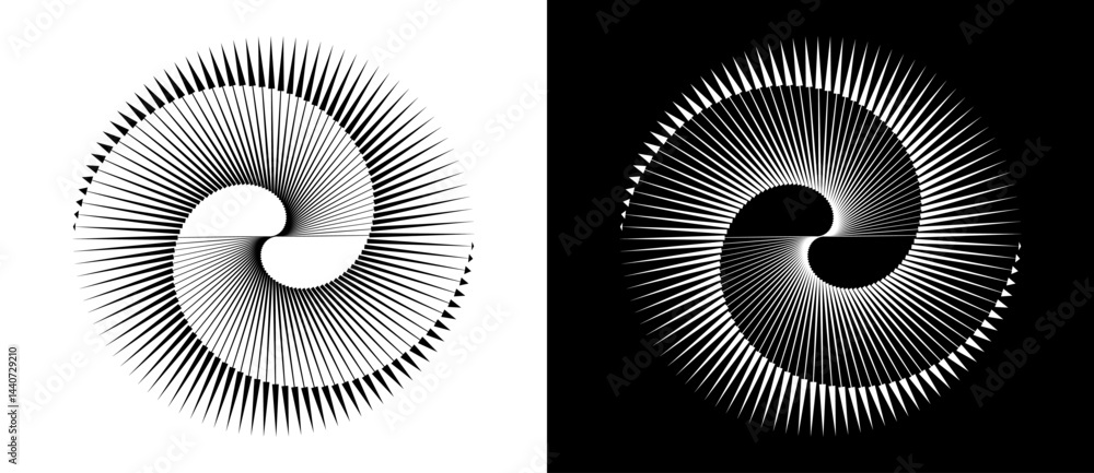 Poster Spiral with lines as dynamic abstract vector background or logo or icon. Yin and Yang symbol. Black spiral on white background and white spiral on black background.