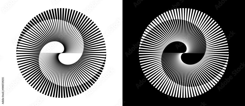 Fototapete Spiral with lines as dynamic abstract vector background or logo or icon. Yin and Yang symbol. Black spiral on white background and white spiral on black background.