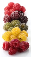 Colorful raspberry assortment on white background vibrant and fresh fruit display bright food photography close up studio shot of healthy eating concept