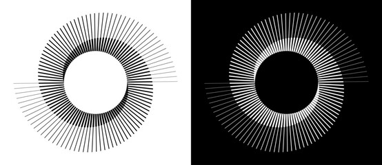 Spiral with lines as dynamic abstract vector background or logo or icon. Yin and Yang symbol. Black spiral on white background and white spiral on black background.