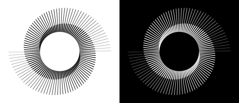 Spiral with lines as dynamic abstract vector background or logo or icon. Yin and Yang symbol. Black spiral on white background and white spiral on black background.
