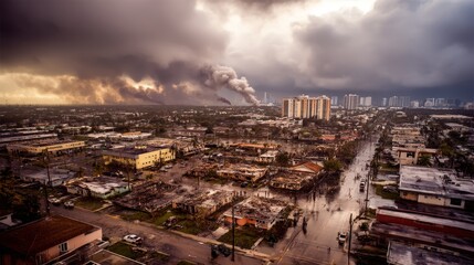 Obraz premium Urban landscape after disaster with smoke in the distance under dark clouds