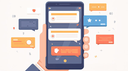 Hand holding phone with vibrant social media notifications and messages floating around