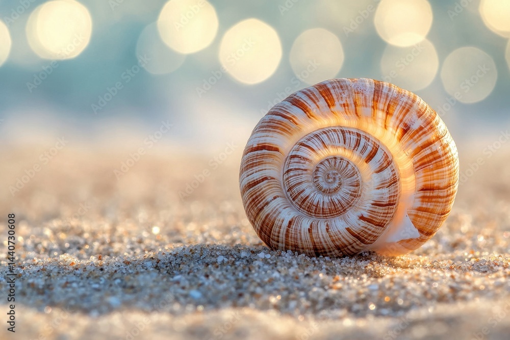 Poster closeup of a spiral seashell resting on sandy beach with shimmering water background, closeup of spi