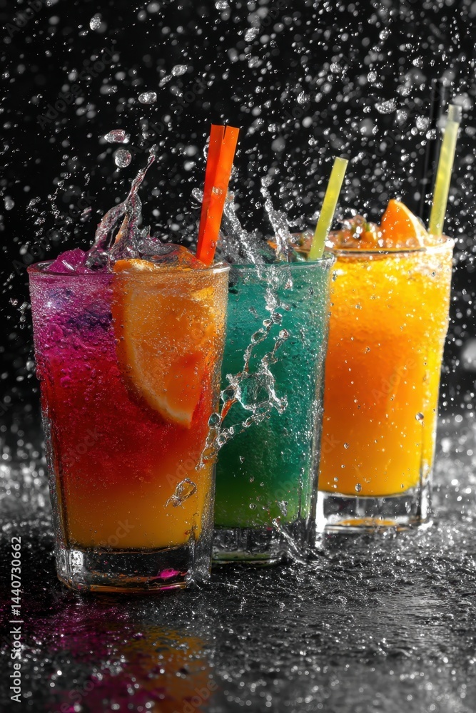 Aufkleber refreshing colorful cocktails with vibrant hues and splashing water on a dark background creating a 