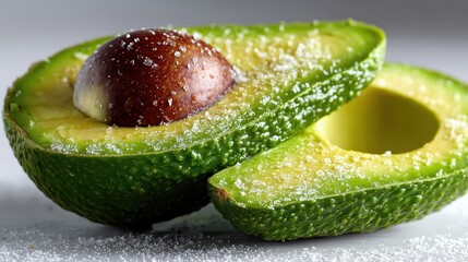 a close-up of a perfectly sliced avocado on a white isolated background, creamy and healthy look
