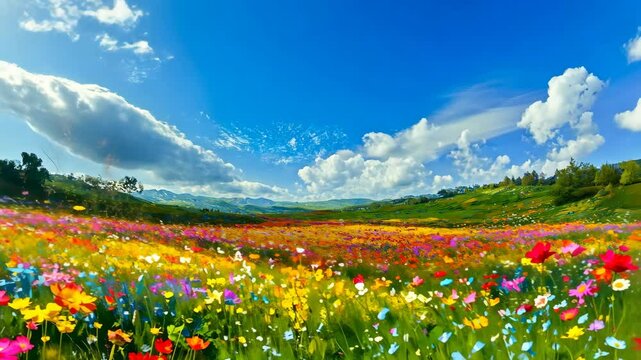 Vibrant wildflower meadow under bright blue sky with rolling clouds