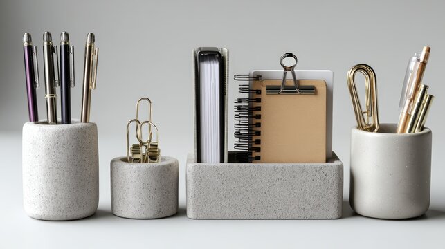 a stylish desk organizer with pens, paper clips, and notebooks on a white isolated background, organized and sleek design