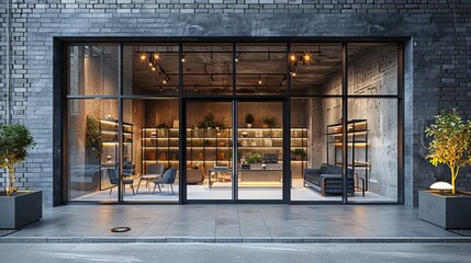 Stylish grey brickwall boutique facade mockup template, with a sophisticated blend of brick and metal finishes, minimal window reflections 