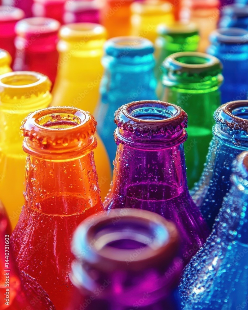 Poster vibrant array of colorful glass bottles filled with refreshing liquid creating a visually stunning a