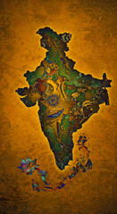 Naklejka premium An artistic map of India, showcasing a vibrant blend of patterns against a warm golden background.