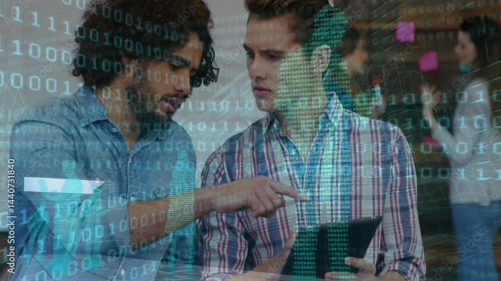 Poster two male colleagues collaborating on tablet in office displaying technology binary network overlay