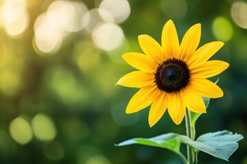 Obraz premium Bright yellow sunflower stands out in a soft green background during a sunny day outdoors, Bright yellow sunflower in blurred green background