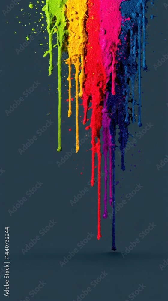 Poster vivid rainbow paint cascade on dark backdrop creating a dynamic and colorful abstract art piece show